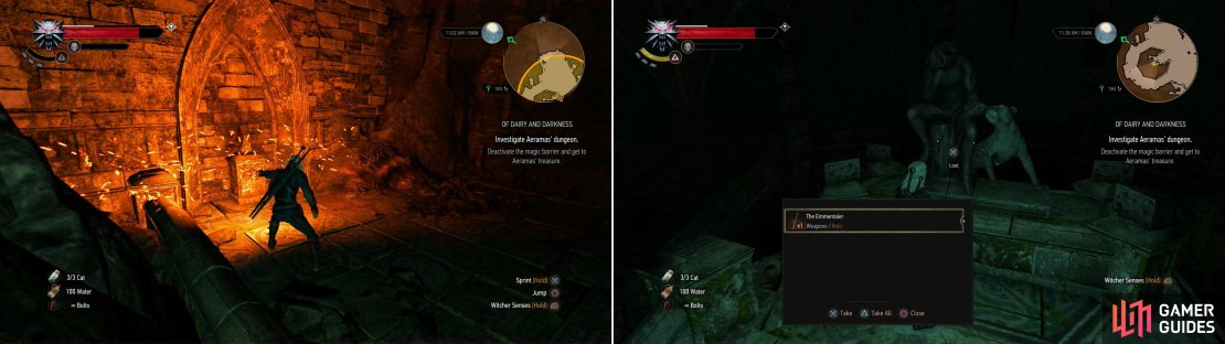 Blast two pyramids with Igni to take down a magic barrier (left) then claim your prize-the sword Emmentaler (right).