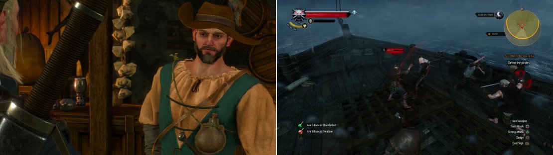 Find Captain Wolverstone In the Golden Sturgeon and pay him a handsome sum to take you to Skellige (left). Geralt is woken during the trip by the traditional Skellige welcoming party&hellip; (right)