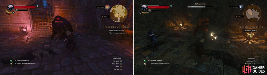 Fight off the &ldquo;animals&rdquo; in Ermion&rsquo;s quarters (left) then defeat an Earth Elemental in his laboratory (right).