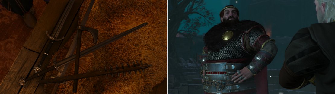 The candidates for the crown of Skellige lay make their claim (left). Talk to Crach after the wake and he&rsquo;ll ask you to help his children-Hjalmar and Cerys (right).