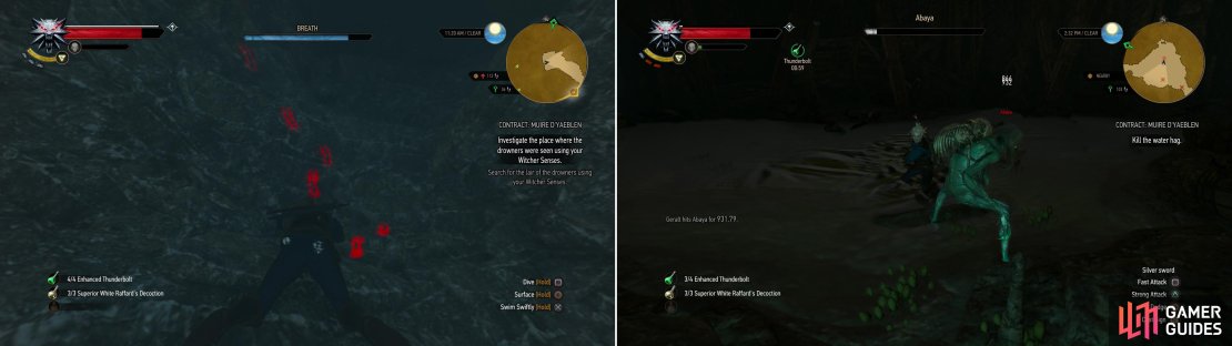 Follow the Drowner tracks to discover their lair (left). Within you&rsquo;ll find the true menace terrorizing Kaer Trolde-the Water Hag, Abaya (right).