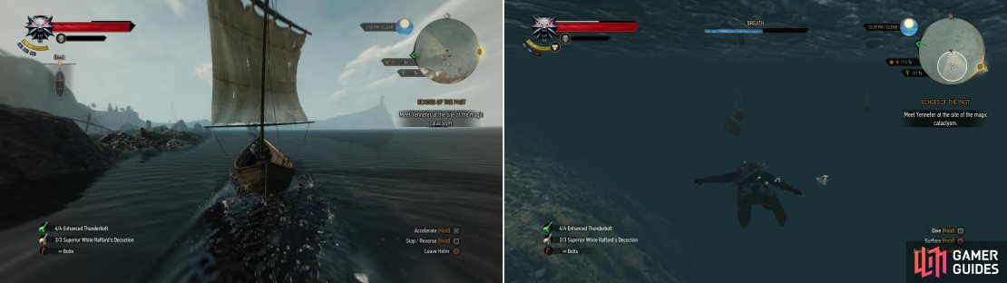 A good bit of exploration in Skellige will by done by boat, instead of on foot (left). Be sure to seek out Smuggler&rsquo;s Caches as you go to score sweet loot (right).