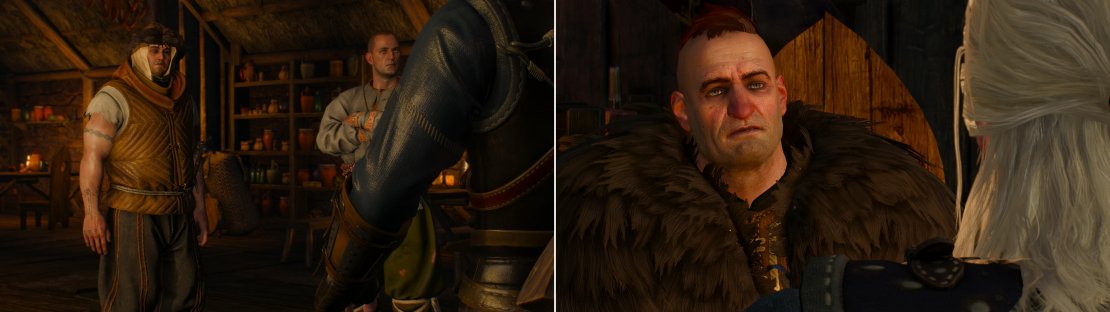Not all Skelligers are friendly&hellip; well, most aren&rsquo;t, really, but some are even more unfriendly than others (left). A voice of reason in the form of a Skelliger named Jorund can be found, however (right).