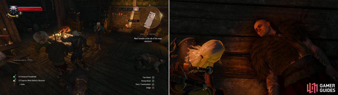 The Skelligers who confronted you earlier are back-and when they lose at fisticuffs, they&rsquo;ll turn to steel (left). Although they can&rsquo;t compete with a Witcher&rsquo;s wrath, Jorund comes out of the fight considerably worse for wear as well (right).