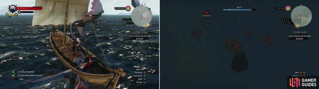 Time to prepare for another voyage-primarily by sea. Try to keep Sirines away from your boat (left) and score Smuggler&rsquo;s Caches as you go (right).