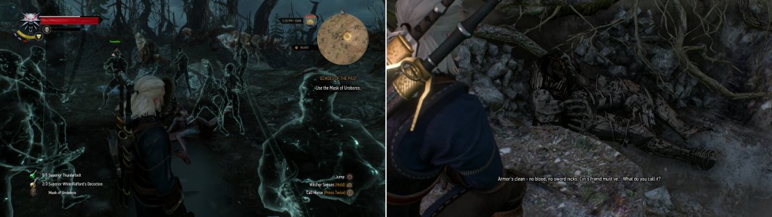 Use the Mask of Uroboros to witness figments of the past (left). A corpse at the end of your search reveals the nature of Ciri&rsquo;s foe (right).