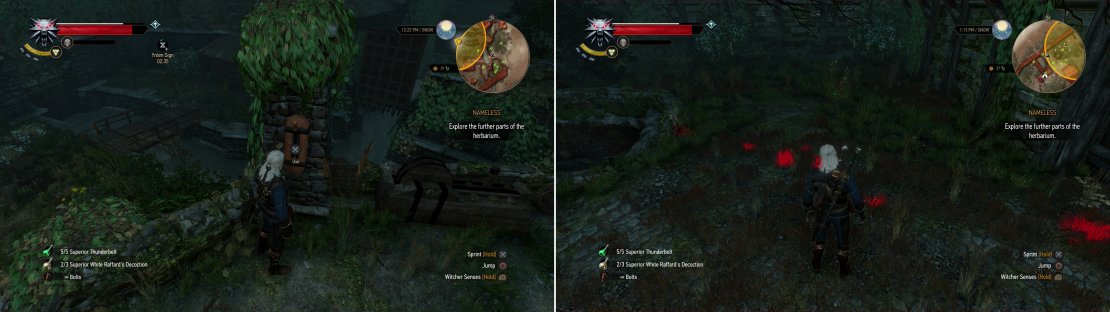 Activate a lever to open a sluice gate (left). Use your Witcher Senses to follow Craven&rsquo;s retreat into a well (right).