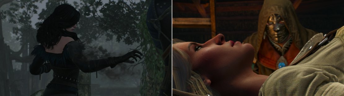 Yennefer will perform dark magic (left) to coax a tale about Ciri&rsquo;s travels in Skellige out of Craven&rsquo;s corpse (right).