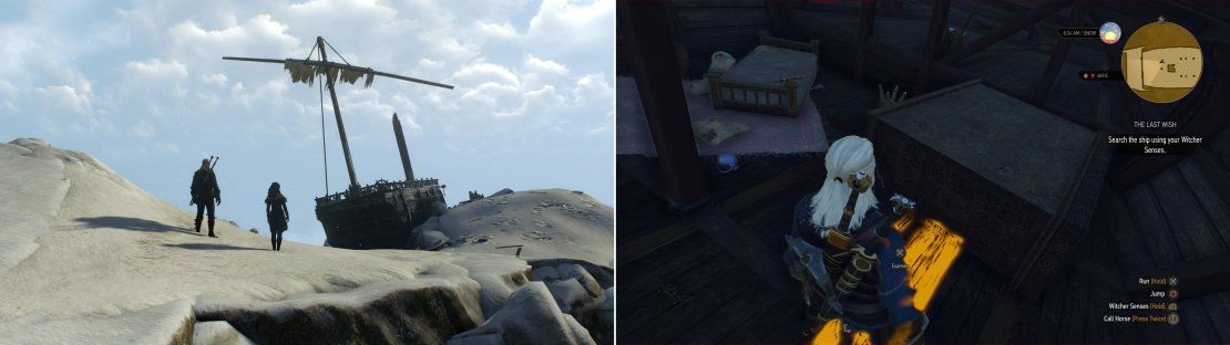 Find the other half of the mage&rsquo;s ship in a most unusual location (left), then search the ship to discover the mage&rsquo;s unfortunate fate (right).