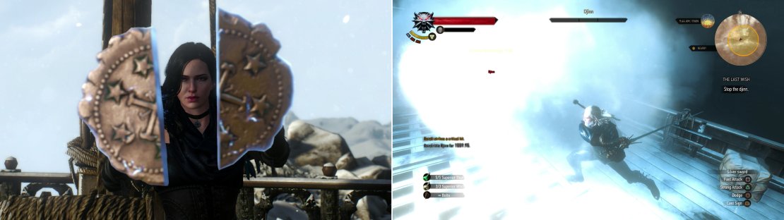 Yennefer repairs the broken seal, and summons the Djinn (left) which must be subdued the old fashioned way before it&rsquo;ll become complaint to Yennefer&rsquo;s commands (right).