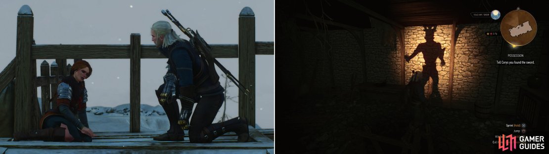 Geralt and Cerys chat after rescuing her from the Jarl&rsquo;s old house (left). An ominous specter appears as Geralt recovers the old family sword Brokvar from the cellar (right).