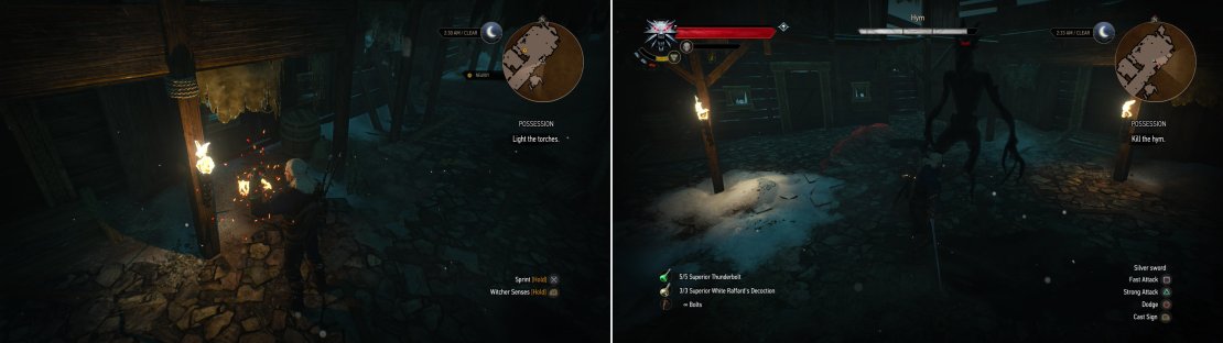 Prepare to summon the Hym (left) then defeat the demon in combat (right).