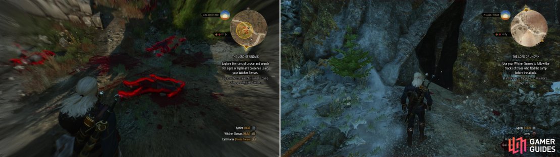 Your first encounter with Hjalmar&rsquo;s expedition does not inspire much hope (left). Follow the signs of battle into a nearby cave (right).