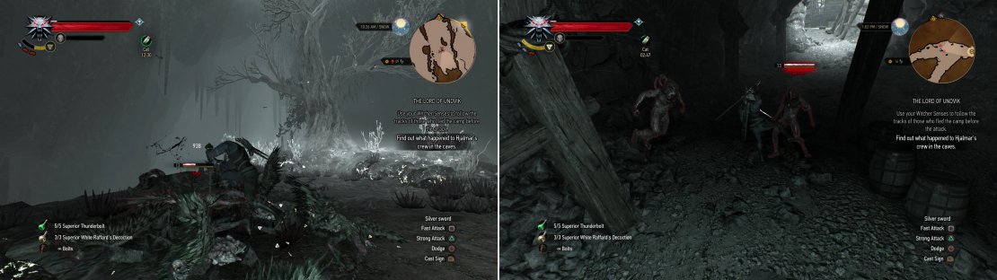 Defeat the Harpies near the subterranean tree (left) then ascend into the mines, where you&rsquo;ll encounter Devourers (right).
