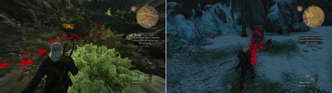 Follow the trail leading away from the camp (left) until you find one of Hjalmar&rsquo;s crew - the victim of an archer (right).