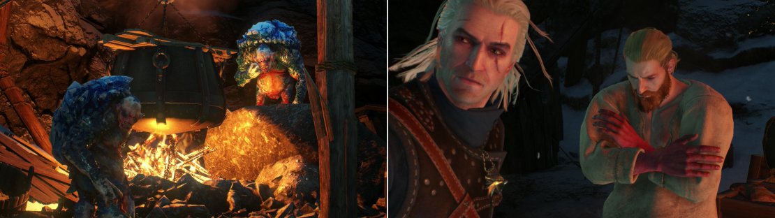 Inside the caves you&rsquo;ll find some Trolls preparing some stew (left). Either challenge them to a game of riddles or fight them to free their dinner-one of Hjalmar&rsquo;s crew members (right).