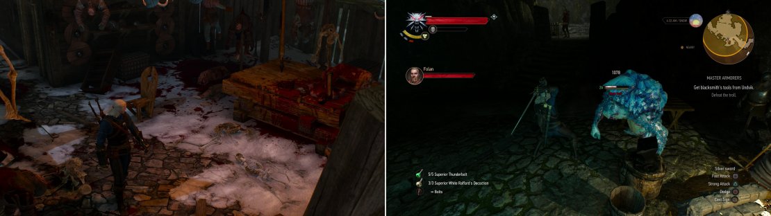 Geralt discovers the giant&rsquo;s grisly pantry (left). Make s short diversion and slay the Rock Troll that guards the smithing tools Fergus wants (right).