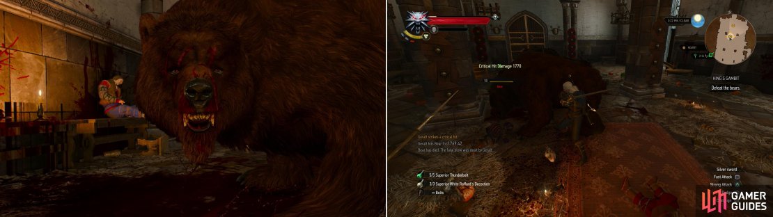 Geralt and Crach investigate the commotion in the main hall to find the place under assault by most unusual foes (left). Defeat the rampaging Bears (right), then decide on a course of action that will affect Skellige for generations to come&hellip;