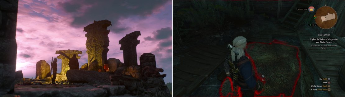 In the village of Fornhala, Geralt and Hjalmar will discover a shrine to Svalblod-a god so fierce, even the Skelligers don&rsquo;t worship him (left). Find a hidden trapdoor in one of the houses (right).