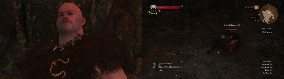 Halgrim the berserker openly acknowledges involvement in the Kaer Trolde massacre (left). Needless to say, you&rsquo;re not going to be friends (right).
