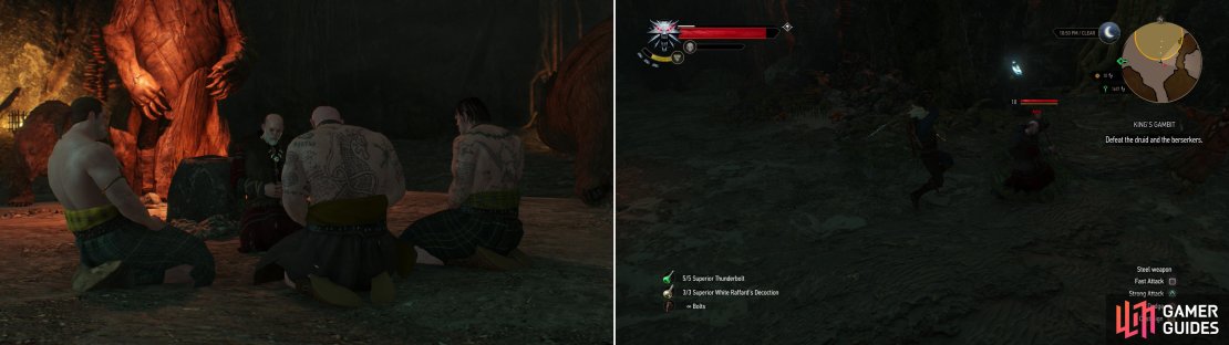 In the depths of the caverns under Fornhala, you&rsquo;ll stumble upon a mysterious ritual (left). Defeat the druid leading the berserkers to put an end to this threat&hellip; even if you don&rsquo;t uncover the hand behin their action (right).
