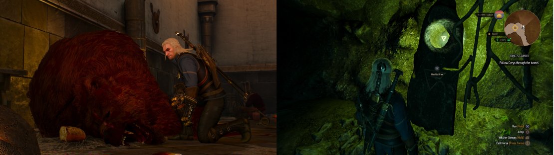 Instead of rushing off with Hjalmar, investigate the scene of the crime (left). Follow the clues through Kaer Trolde&hellip; scoring the Place of Powr hidden in the keep&rsquo;s bowels (right).