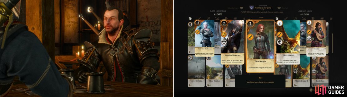 Your old friend Lambert can be played after helping him out in Skellige (left). If you win you&rsquo;ll obtain the Triss Merigold card (right).
