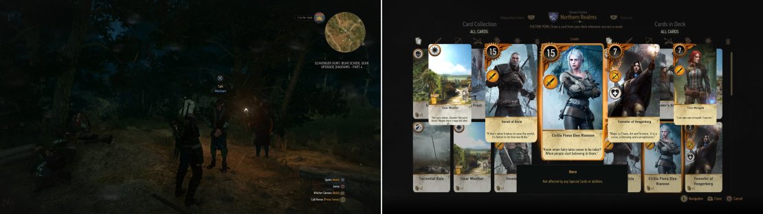 Play the Scoia&rsquo;tael Merchant outside of Novigrad (left) to win the Cirilla Fiona Elen Riannon card (right).