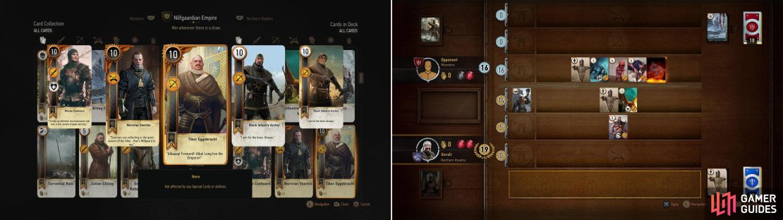 Defeat Olivier at the Kingfisher to win his Tibor Eggebracht Card (left). If you can win the Villentretenmerth card during your games with random Gwent players, you&rsquo;ll be able to use its limited Scorch ability to great effect (right).