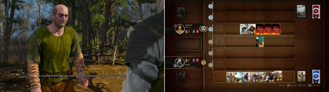 If you encountered him along the road earlier, old Gert can be found between the Nekker nests, apparently quite worse off for his corpse mishap earlier (left). You can use Vellentretenmerth to good effect against the Old Sage&rsquo;s Muster-heavy Monster deck (right).