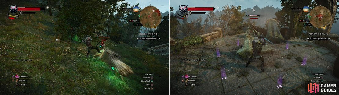 Fight off a host of Wraiths outside some elven ruins (left). Atop the ruins you&rsquo;ll have to deal with a more substantial wraith - a Noonwraith (right).