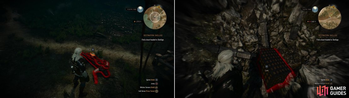 Kill a camp full of Deserters and search a nearby body (left) then find the Deserter&rsquo;s excavation site to find some treasure (right).