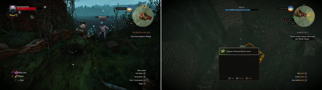 On a small island south of Fyke Isle you&rsquo;ll find plenty of Drowners (left). There are numerous chests in the water nearby, including one which contains the Diagram: Enhanced Wolven Armor (right).