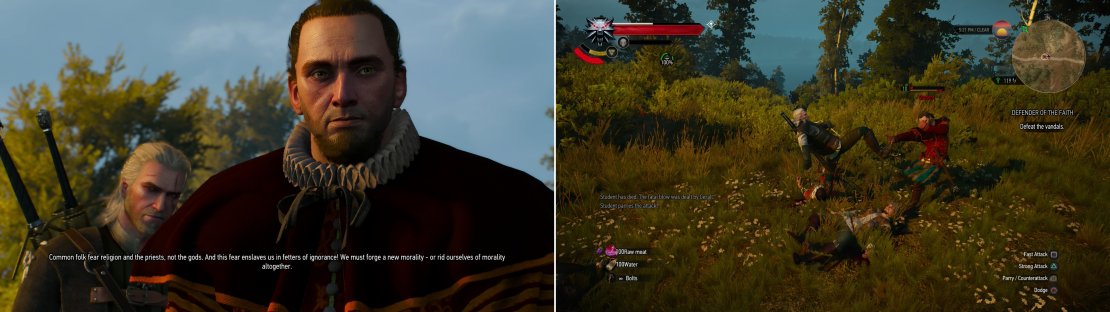 At the third shrine you&rsquo;ll find the desecrators - some comically stereotyped atheists (left). To complete the quest, beat some sense into them to stop their sacrilege (right).