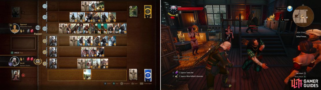 Sasha&rsquo;s got one of the most potent Gwent decks in the game, one that you&rsquo;ll need a potent deck to even compete with (left). Finneas, on the other hand, has a rather weak deck, something he tries to make up for with poor sportsmanship (right).