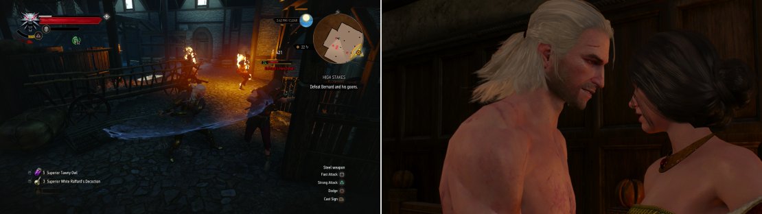 Defeat the thieves in the warehouse (left) after which Geralt and Sasha will make off with the money, have a nice dinner&hellip; and perhaps a little fun for dessert (right).