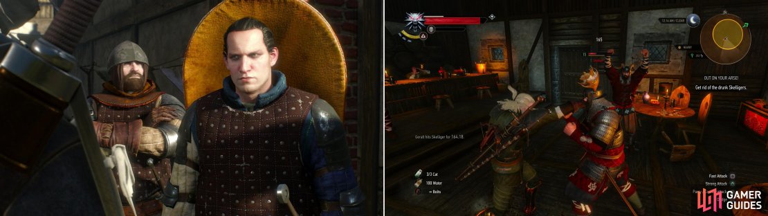 Ronvid is back, and this time he&rsquo;s in a foul mood - and has friends. If you can&rsquo;t calm him down with Axii, this fight will be for keeps (left). Calm down some rowdy Skelligers in the traditional Skellige manner (right).