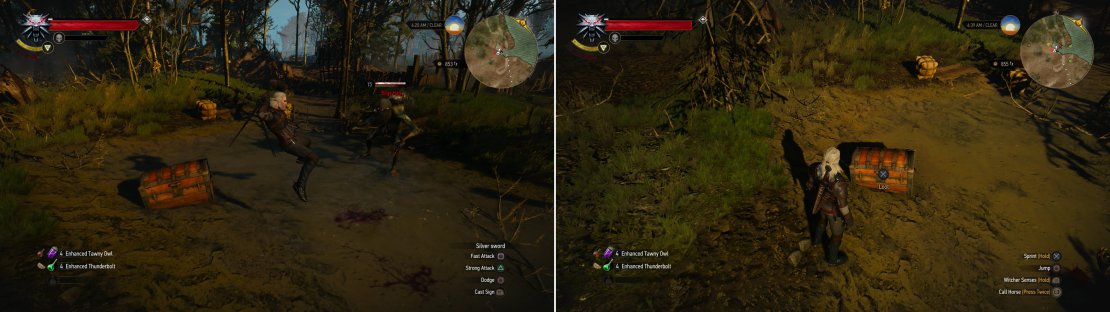 Let Geralt unleash his inner ninja on the Bilge Hag (left) then plunder her treasure chest when you&rsquo;re victorious (right).