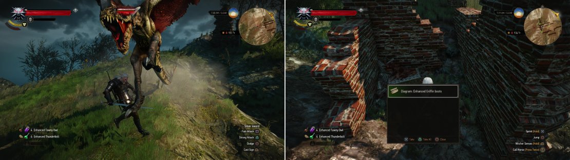 Avoid the Forktail&rsquo;s fangs and talons (left) then loot the ruins it guarded to obtain the Diagram: Enhanced Griffin Boot (right).