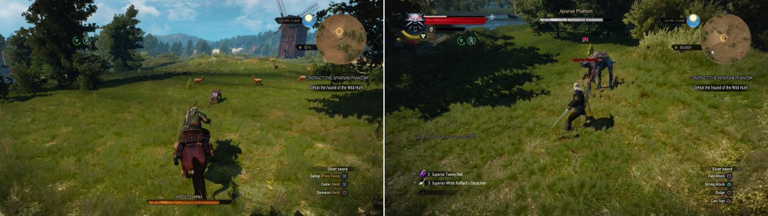 Chase down the &ldquo;Apiarian Phantom&rdquo; (left), then when it tires, dismount and slay it (right).