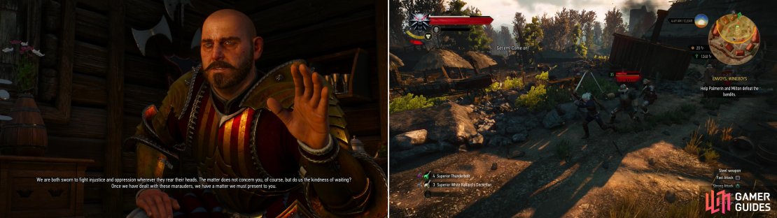 In the village of Stonecutter&rsquo;s Settlement you&rsquo;ll find two knights from Toussaint (left), who have a bit of business for you after they deal with some bandits (right).