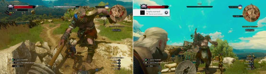 Golyat, despite his fearsome size and reach, doesn&rsquo;t deal too much damage, and is easily dodged (left). While it&rsquo;s a simple matter to cut down the giant with your swords, you can also use your crossbow and aim for the eye to score a one-shot kill&hellip; and a trophy (right).