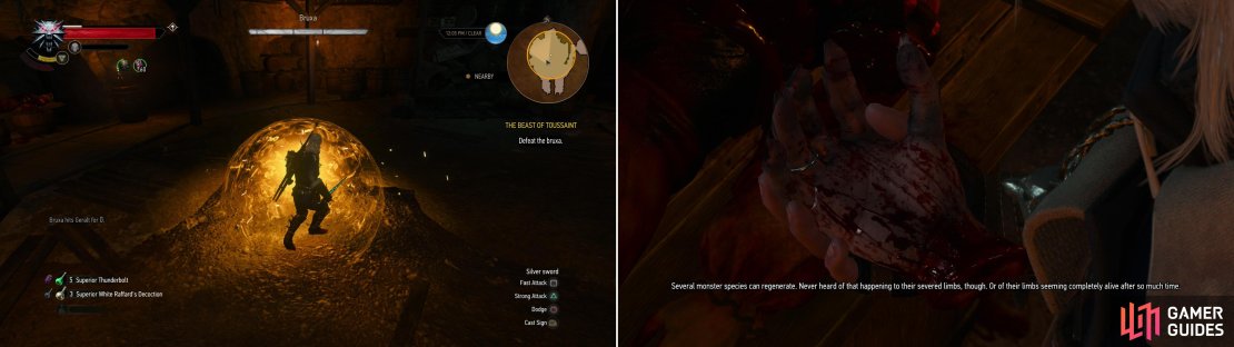 Despite her eagerness to fight, all her melee attacks can be easily repelled with Quen (left). Dispatch her, then search the beast&rsquo;s third victim to discover why it drew the attention of a Bruxa (right).