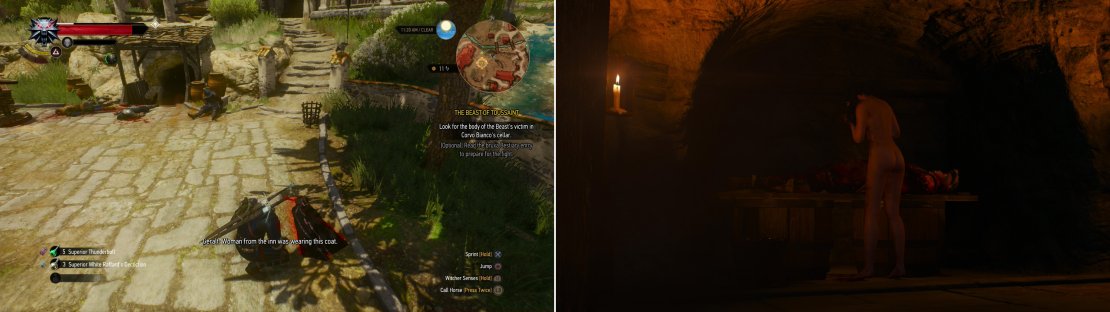 Search the clues around Corvo Bianco (left) and follow them into the cellar, where you&rsquo;ll find the corpse from the river&hellip; and the other being searching for it (right).