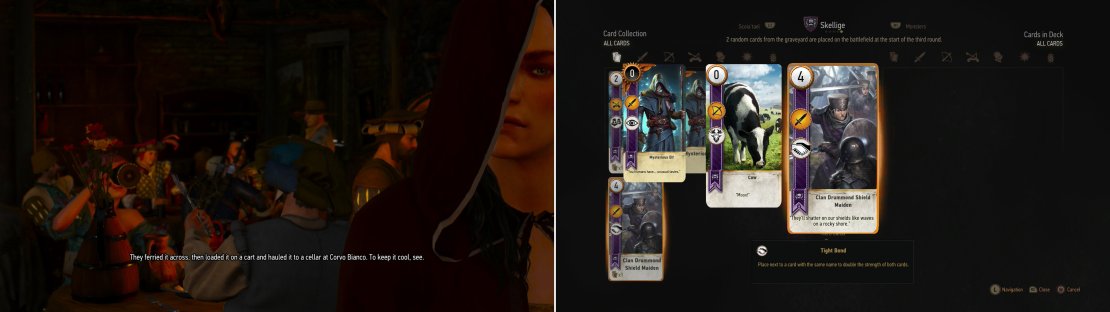 Visit the Cockatrice Inn and Geralt will learn about the body fished out of the river&hellip; but he&rsquo;s not the only one looking for such information (left). Despite the implied expediency, waste some time playing Gwent with the Innkeep to score your first Skellige card (right).