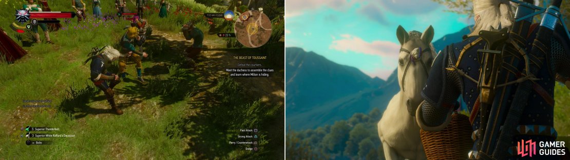 Using Axii on the &ldquo;unicorn&rdquo; will provoke party-goers (left). Steal a basket of carrots and lure the horse over to you to avoid causing a scene (right).