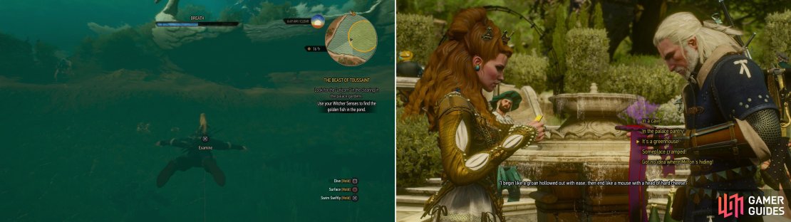 Dive into the pond in the duchal garden and search for a fish under a boat (left). When you have both clues, solve the riddle by saying &ldquo;It&rsquo;s a greenhouse&rdquo; to prove your WISDOM (right).