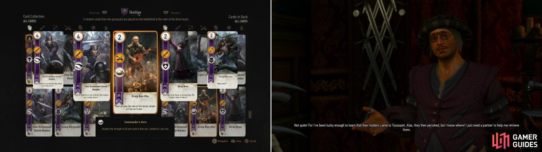 Play the Innkeep in The Pheasantry to win the Draig Bon-Dhu card (left). As you explore Beauclair you&rsquo;ll run across a Vineyard Owner who promises to pay off and old debt (right).
