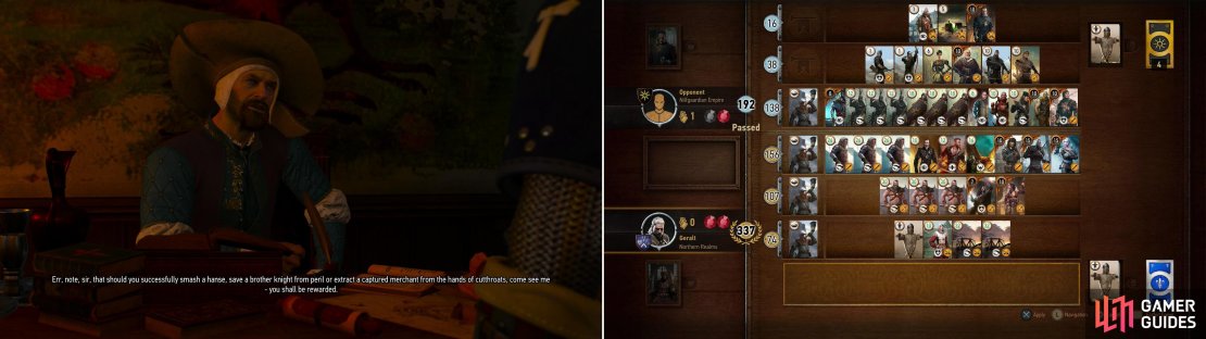 Talk to the Camerlengo to learn about some opportunities to earn some coin (left), then challenge his competent Nilfgaardian deck at Gwent, which can result in quite a high-scoring game&hellip; (right).