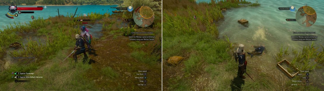 Kill the Drowners by the shore (left) then search a body in the water to start the quest &ldquo;Treasure Hunt: The Last Exploits of Selina&rsquo;s Gang&rdquo; (right).